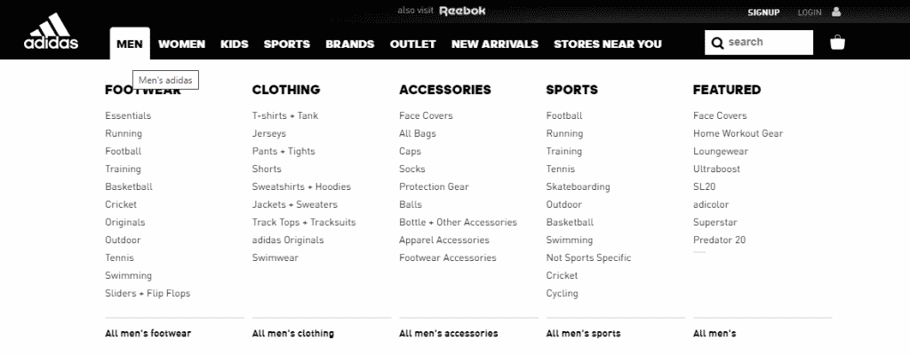 Adidas websites flat structure